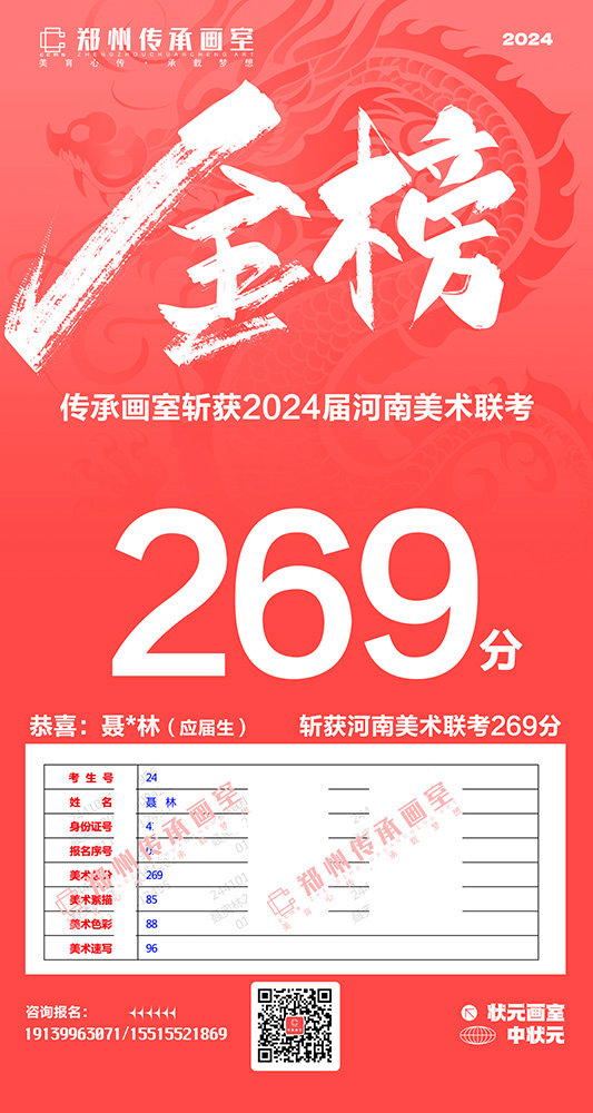 恭喜聂*林斩获河南美术联考269分