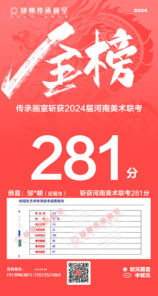 恭喜邹*頔斩获河南美术联考281分