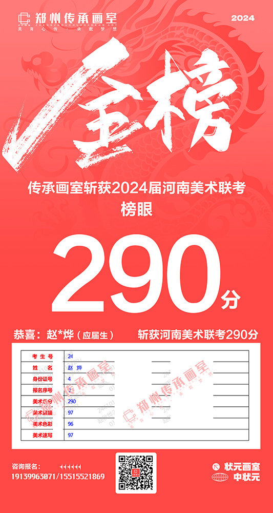 恭喜赵*烨斩获河南美术联考290分